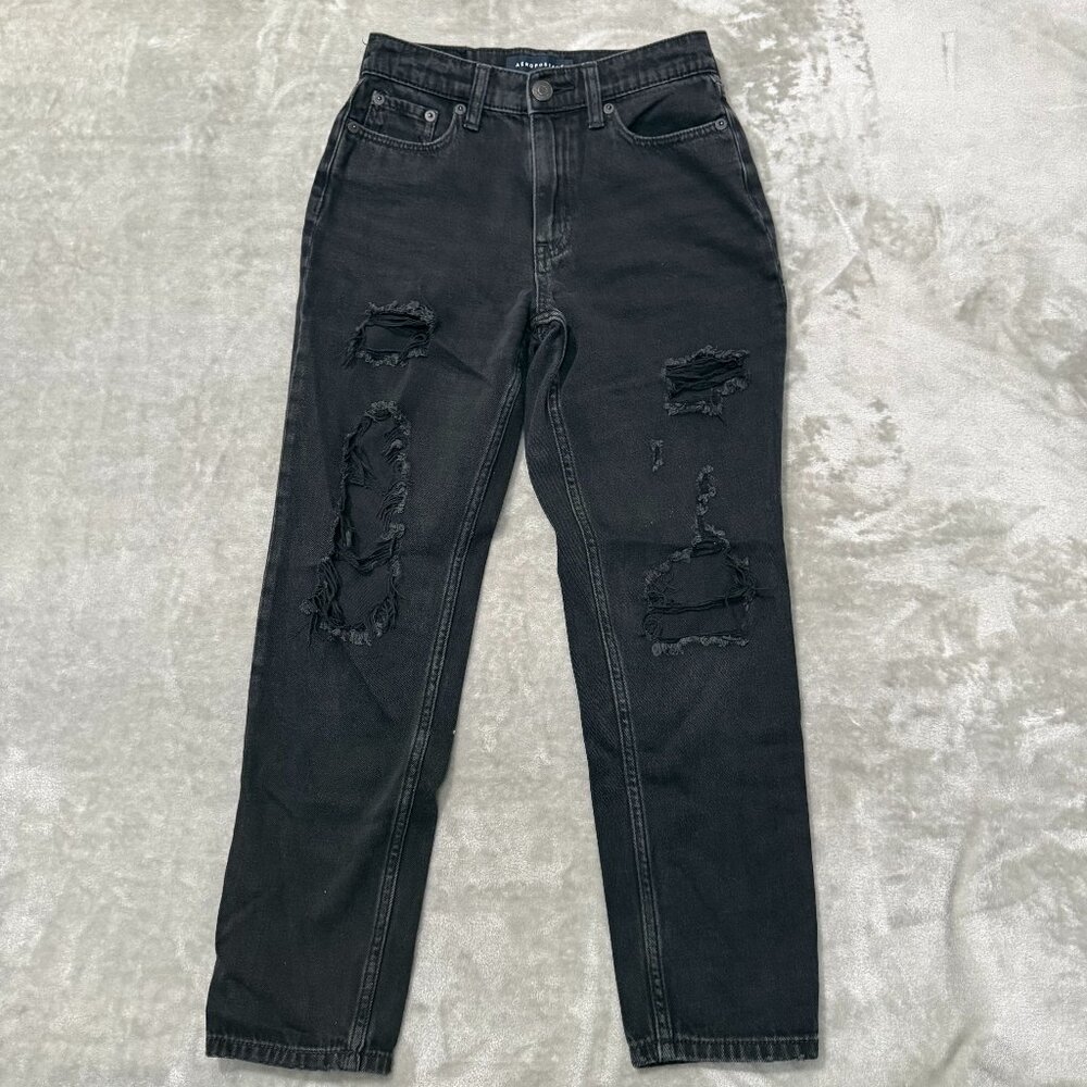Aeropostale High Rise Mom Jeans Black Distressed Ripped Denim Size 00 90s